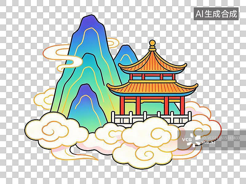 【AI数字艺术】国风高山祥云和亭台楼阁风景插画图片素材