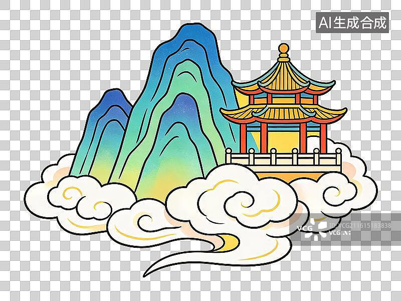 【AI数字艺术】国风高山祥云和亭台楼阁风景插画图片素材