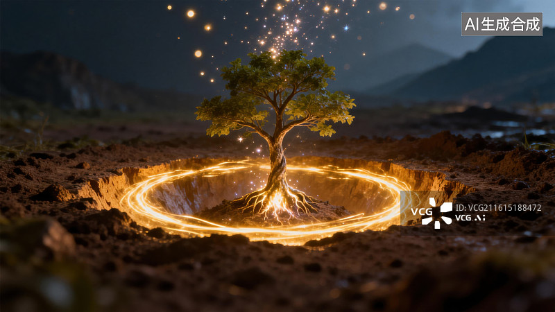 【AI数字艺术】发光树根环绕的孤树图片素材