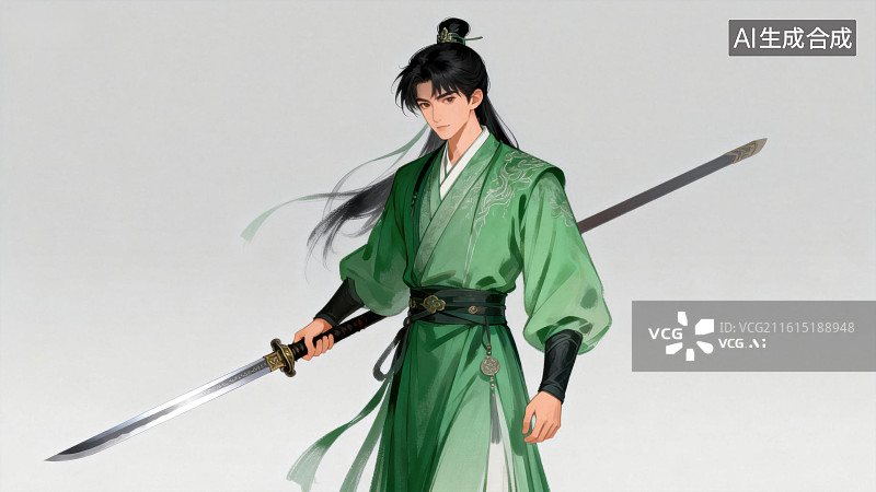 【AI数字艺术】身穿绿袍持剑的古风男子图片素材