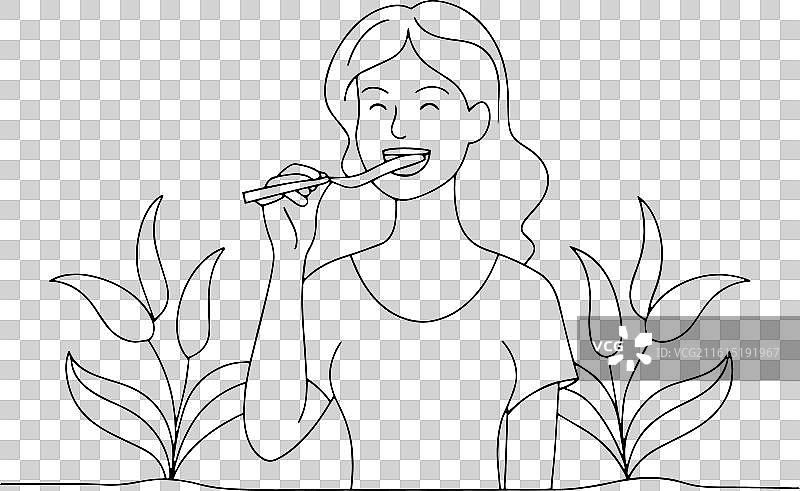 一位女士正在刷牙，周围环绕着充满活力的图片素材