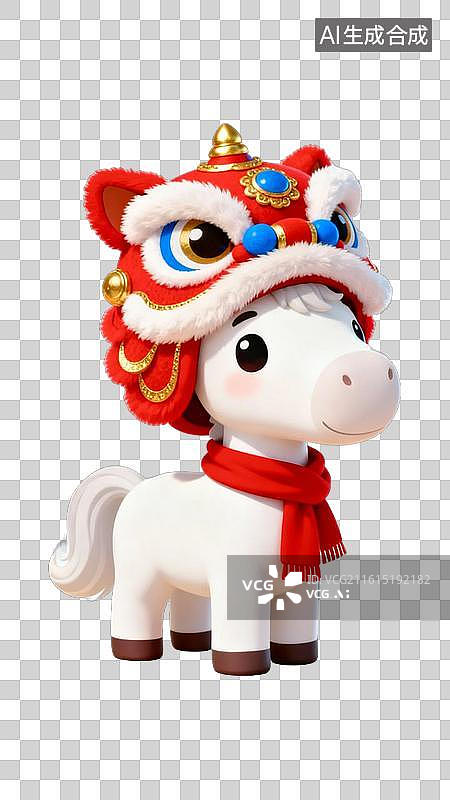 【AI数字艺术】卡通白马戴舞狮帽系红围巾图片素材