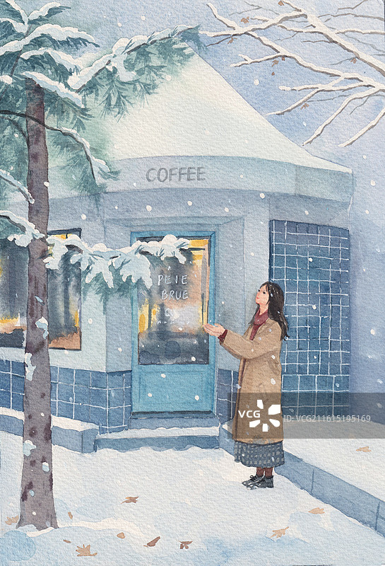 水彩雪景咖啡厅门口女生赏雪手绘插画插图图片素材