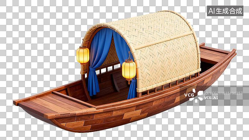 【AI数字艺术】竹篷木船国风风水乡游船场景图片素材