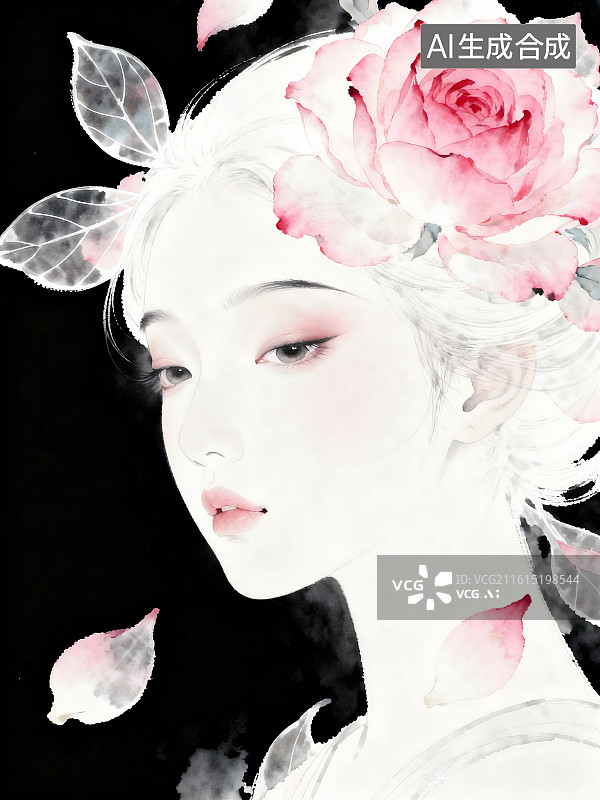 【AI数字艺术】古典女子肖像，水墨丹青，极淡水彩，留白，写意，极简，禅意，空灵，绝美，古典，渲染，梦境，唯美图片素材