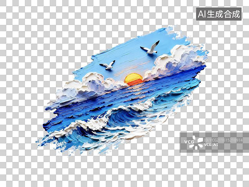 【AI数字艺术】海边日出浪花厚涂油画海鸥图片素材