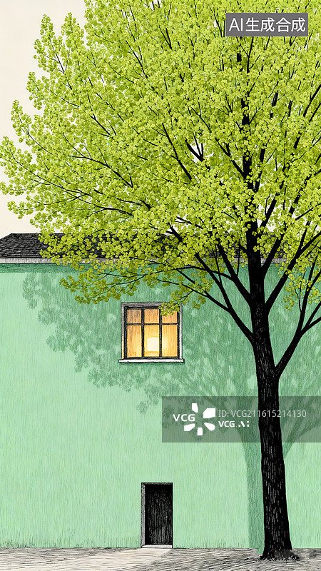 【AI数字艺术】插画，淡绿色背景墙上开一个小门，二层有窗户，透出温暖灯光，旁边一颗杨树图片素材