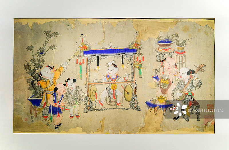 天津杨柳青年画《十不闲》 清代 中国美术馆“四时玩趣-中国美术馆藏民间美术迎春展”图片素材