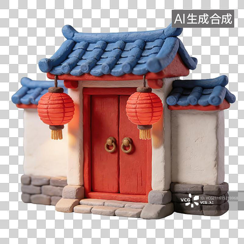 【AI数字艺术】3D立体春节过年挂着红灯笼的中式建筑大门元素图片素材
