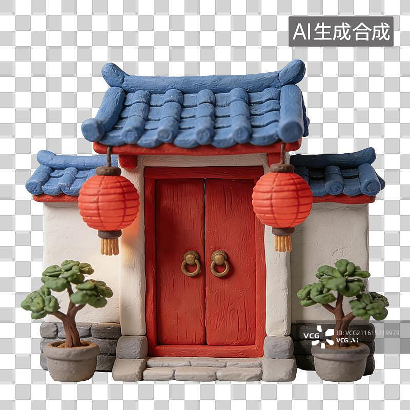 【AI数字艺术】3D立体春节过年挂着红灯笼的中式建筑大门元素图片素材