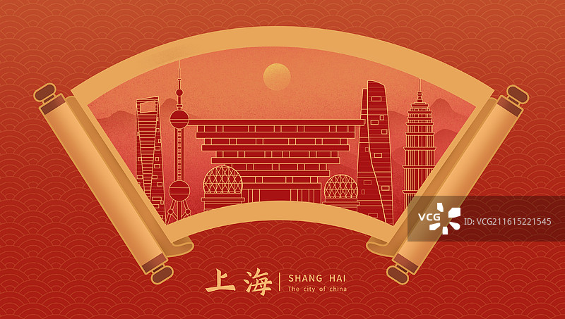 上海中国风画卷古典卷轴书卷手绘城市建筑图片素材