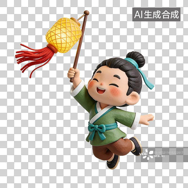 【AI数字艺术】3D立体男孩穿着中式服装拿着灯笼元素图片素材