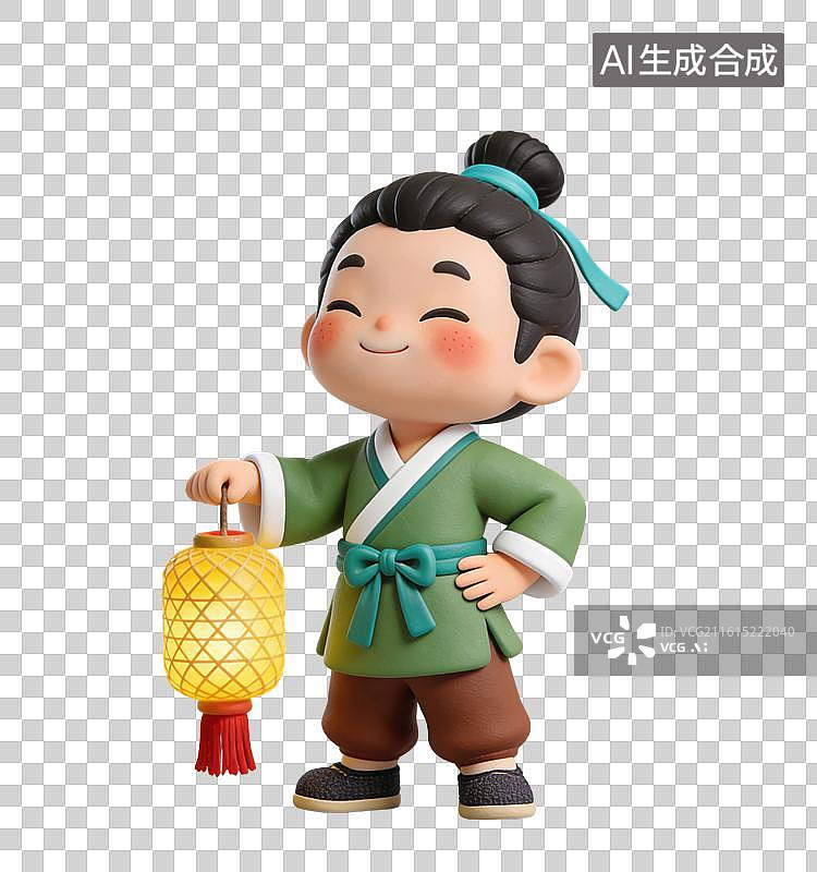 【AI数字艺术】3D立体男孩穿着中式服装拿着灯笼元素图片素材