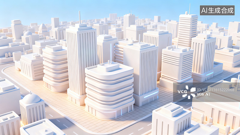 【AI数字艺术】低多边形风格白色微缩城市 3D 模型图图片素材