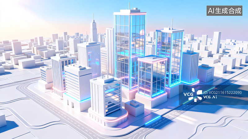 【AI数字艺术】低多边形风格白色微缩城市 3D 模型图图片素材