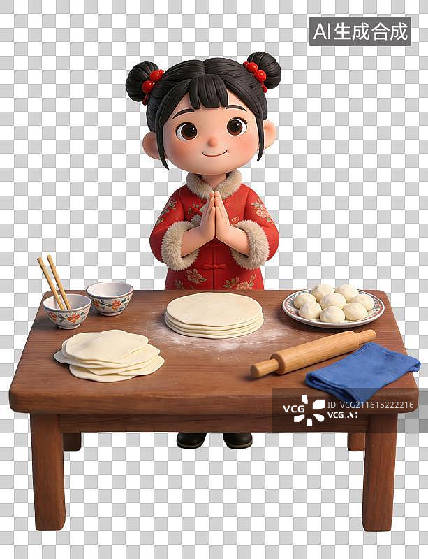【AI数字艺术】3D立体春节家庭包饺子的准备场景木质案板小面团擀好的面皮擀面杖元素图片素材