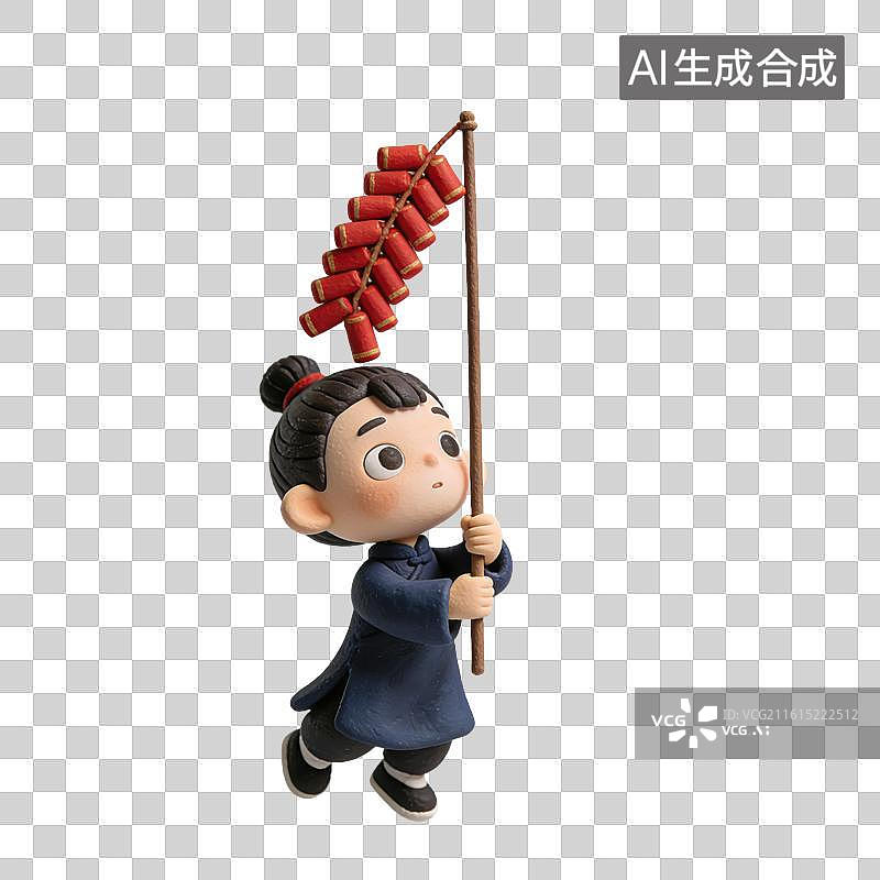 【AI数字艺术】3D粘土风春节除夕点鞭炮的小男孩元素图片素材