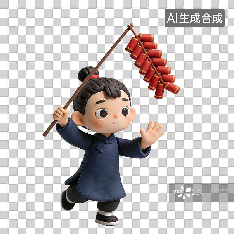 【AI数字艺术】3D粘土风春节除夕点鞭炮的小男孩元素图片素材
