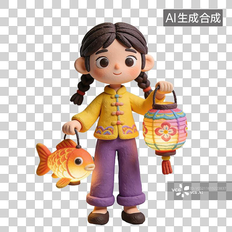 【AI数字艺术】3D粘土风穿着中式服装小孩拿着灯笼花灯元素图片素材