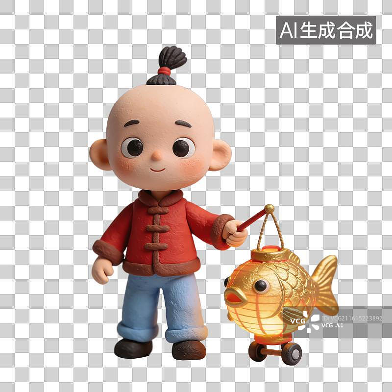 【AI数字艺术】3D粘土风穿着中式服装小孩拿着灯笼花灯元素图片素材