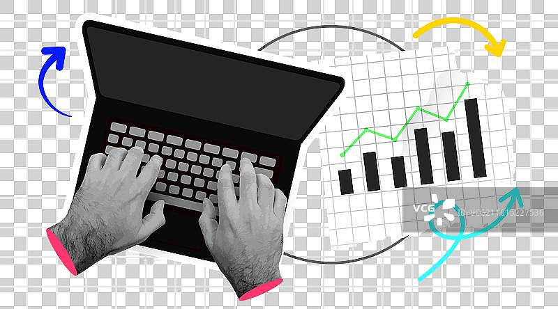 复古拼贴：人手与笔记本电脑的概念图片素材