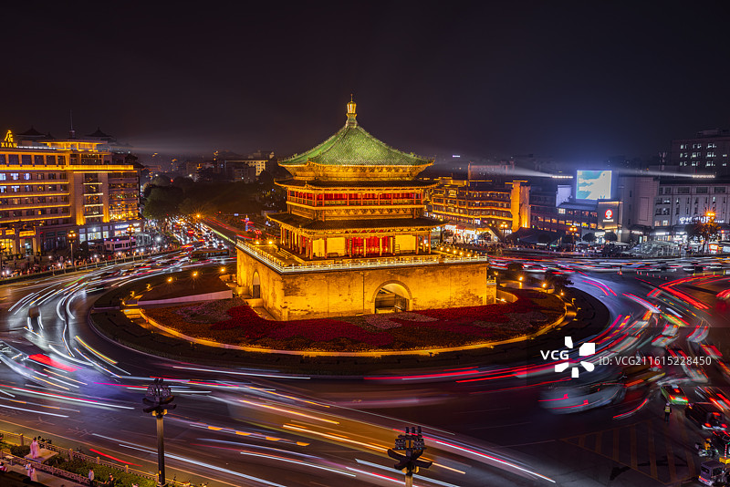 陕西省西安市地标性建筑钟楼下车水马龙夜景风光图片素材