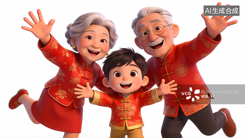 【AI数字艺术】春节喜庆的一家人卡通3D壁纸插画图片素材