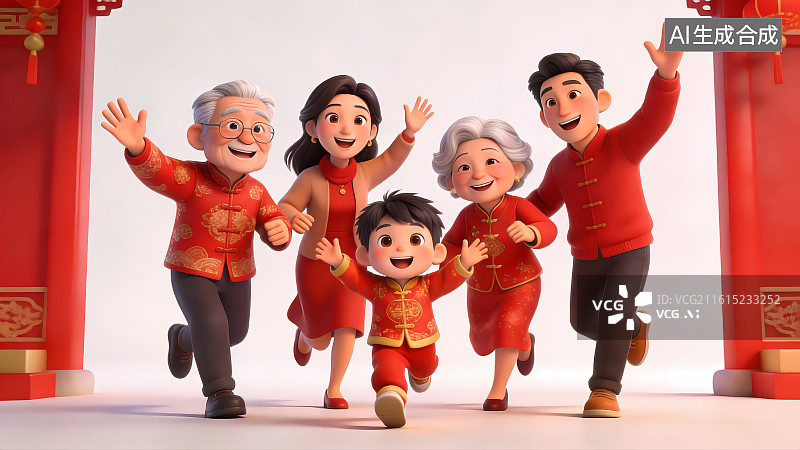 【AI数字艺术】春节喜庆的一家人卡通3D壁纸插画图片素材