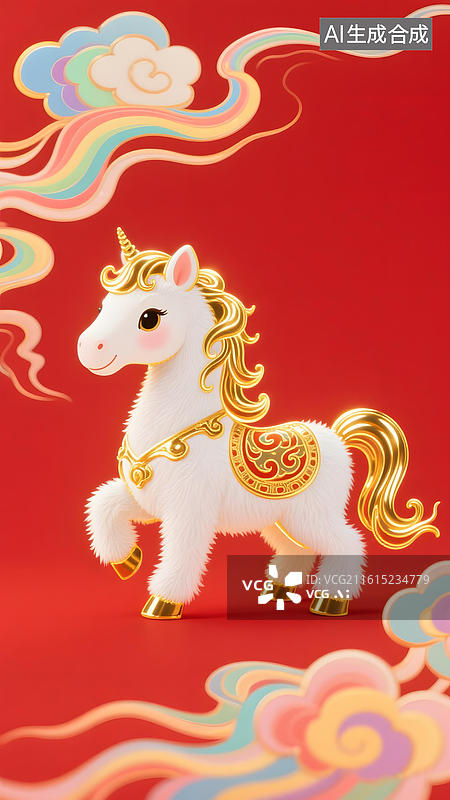 【AI数字艺术】春节特色Q版小马喜庆欢乐金属质感祥云图片素材