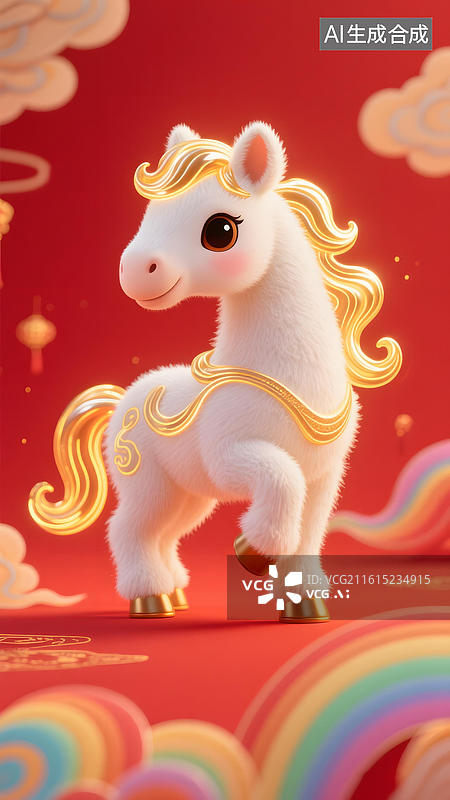 【AI数字艺术】春节特色Q版小马喜庆欢乐金属质感祥云图片素材
