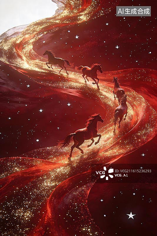 【AI数字艺术】抽象流光背景图：深红底缀淡白星点，数条不一样的金红流动颗粒飘逸光带，华丽神秘。沿着飘带的路径有几匹马图片素材