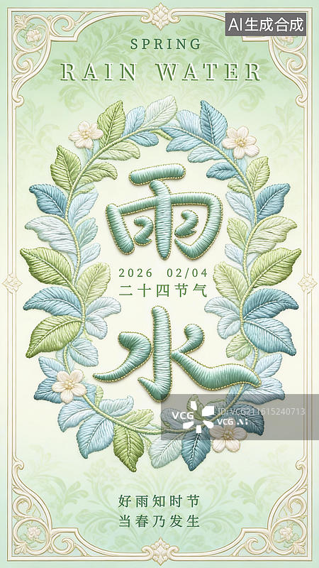 【AI数字艺术】雨水二十四节气刺绣风格3D海报模板图片素材