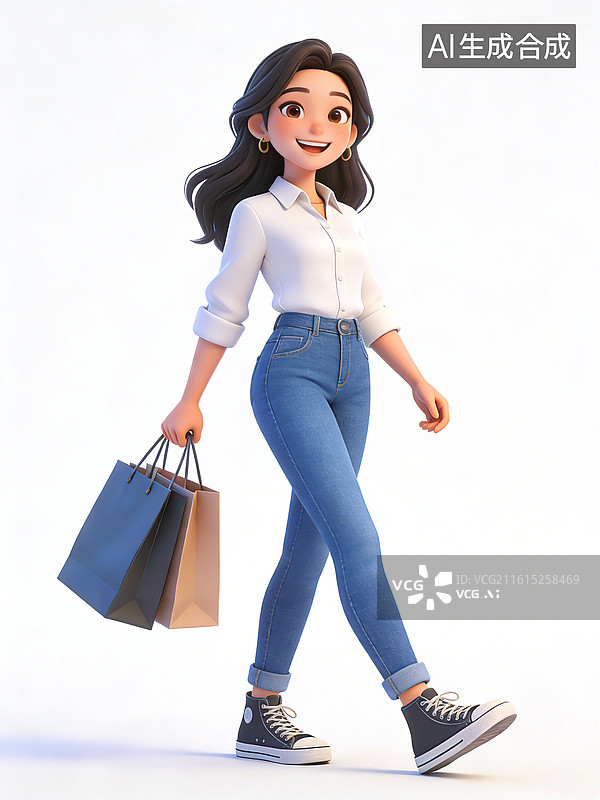【AI数字艺术】年轻女性，长发，微笑，手持购物袋，穿白衬衫牛仔裤帆布鞋，步伐轻快，展现休闲购物风格图片素材