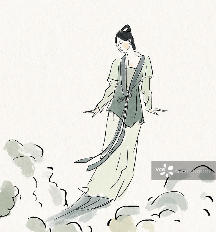 中国风新中式古风古典传统文化古装古人古代古时候美女仕女水墨风水墨画人物中国画嫦娥女性日常生活插画图片素材
