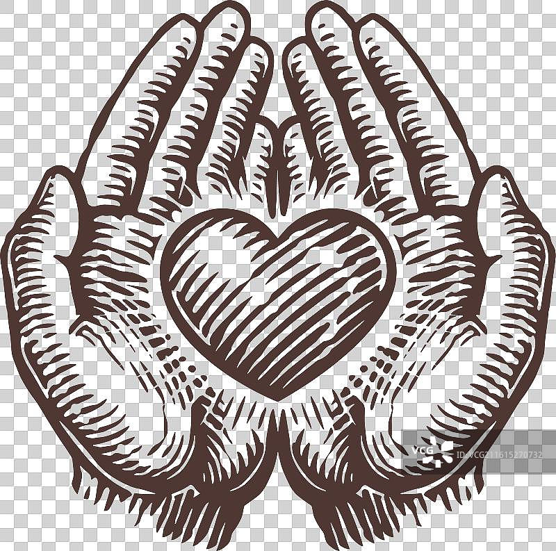 手绘双手交叠，捧着一颗心图片素材