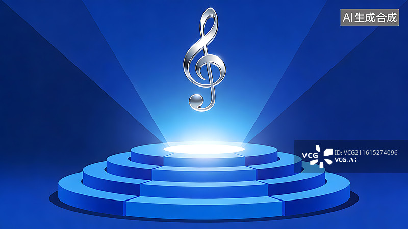 【AI数字艺术】蓝色舞台中央高悬银色音符符号图片素材