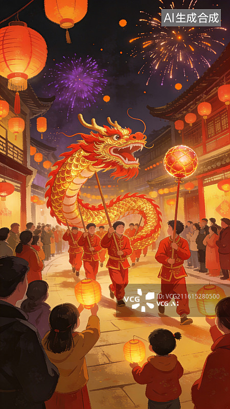 【AI数字艺术】新年热闹街道舞龙舞狮庙会插画图片素材