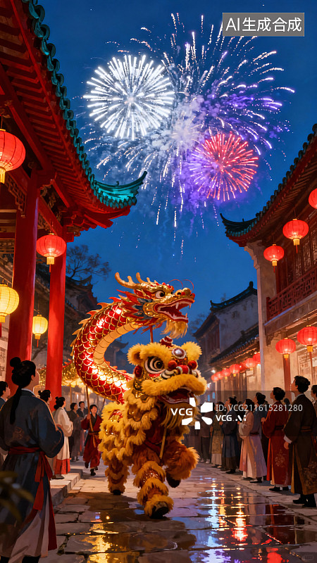 【AI数字艺术】新年热闹街道舞龙舞狮庙会插画图片素材