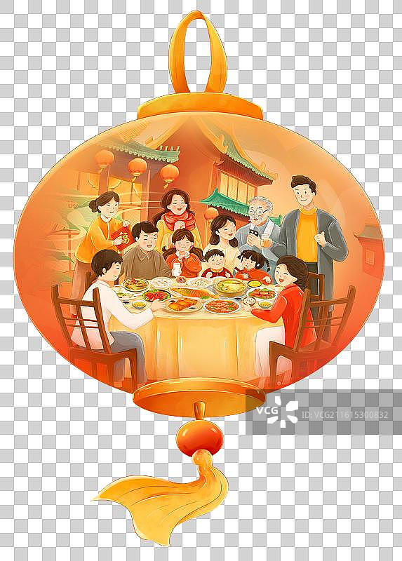 2026年马年新年祝福插画 阖家团圆创意设计 大年三十年夜饭 灯笼里的街道和宴会元素图片素材