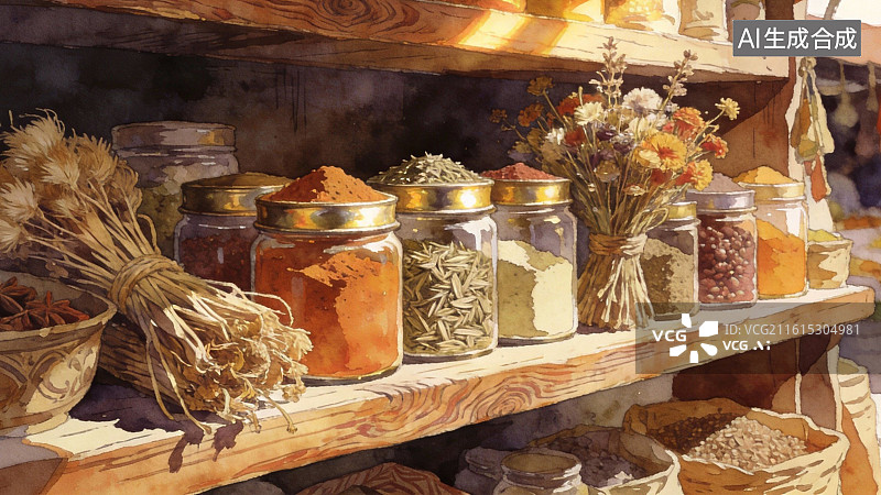 【AI数字艺术】木质货架上的香料与干花图片素材
