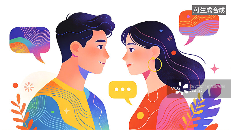 【AI数字艺术】男人女人青年人互联网社交媒体虚拟现实对话框沟通消息插画图片素材