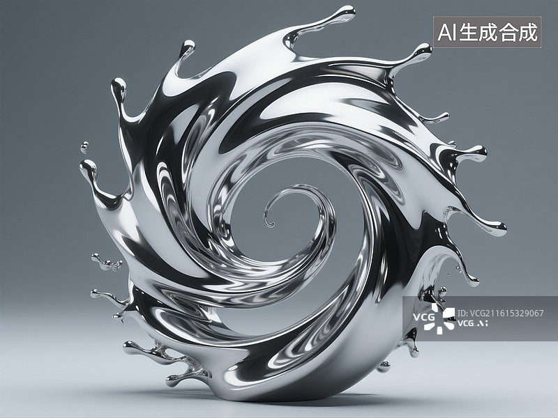 【AI数字艺术】3D渲染，科技感抽象旋转的银色液体金属背景图，海报图片素材