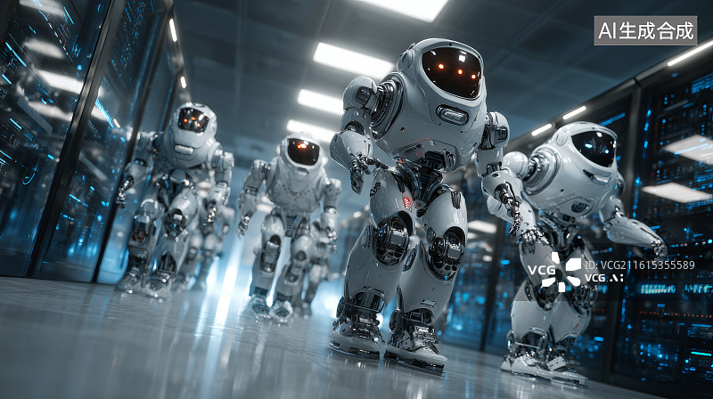 【AI数字艺术】行走在服务器机房中的可爱圆形智能机器人小队图片素材