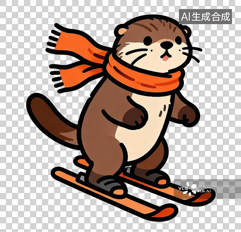 【AI数字艺术】滑雪的水獭 Q版风格动物滑雪系列插画图片素材