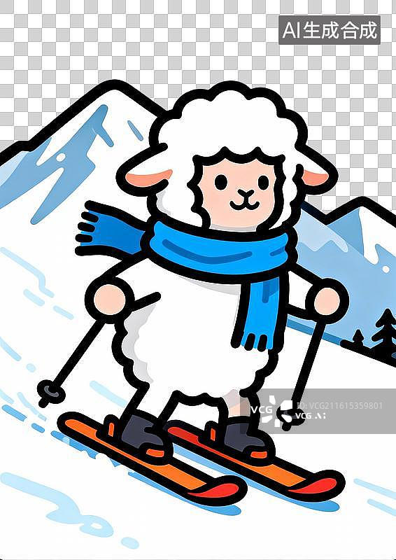 【AI数字艺术】高山滑雪的雪羊 Q版风格动物滑雪系列插画图片素材
