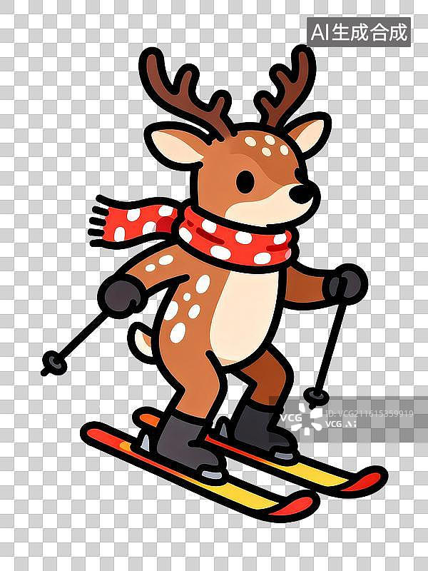 【AI数字艺术】滑雪的梅花鹿 Q版风格动物滑雪系列插画图片素材