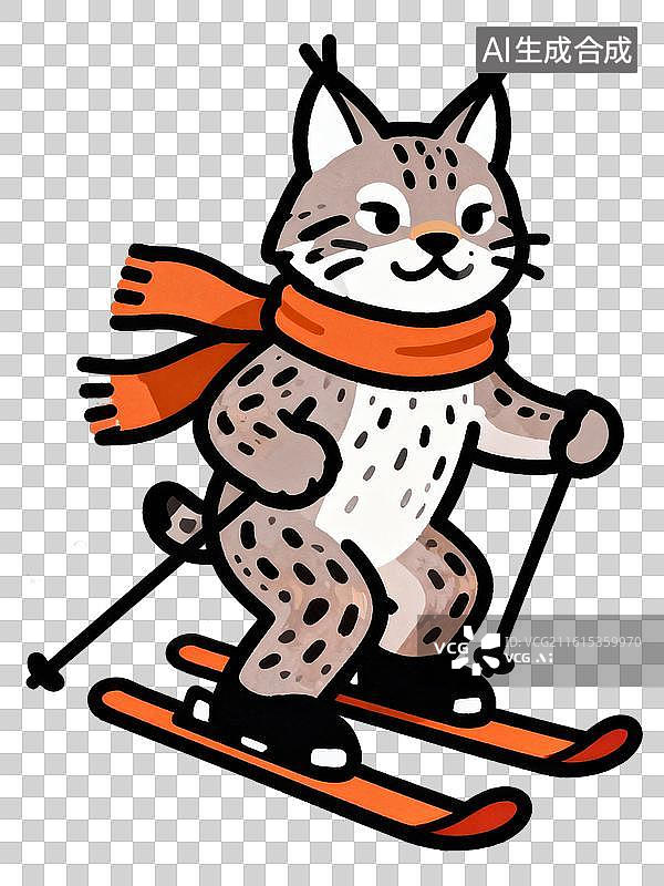 【AI数字艺术】滑雪的猞猁 Q版风格动物滑雪系列插画图片素材