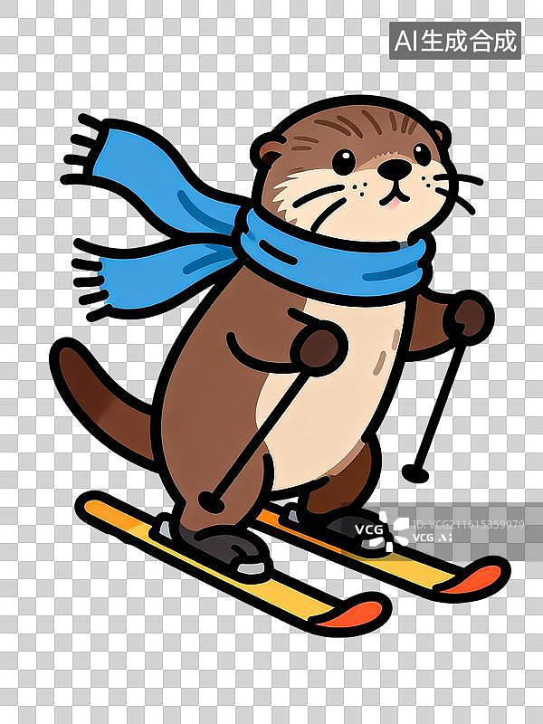 【AI数字艺术】滑雪的水獭 Q版风格动物滑雪系列插画图片素材
