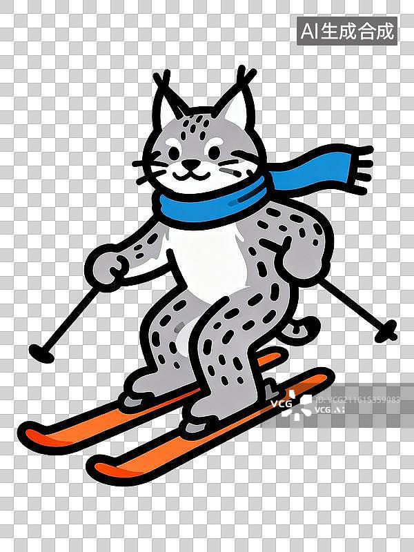 【AI数字艺术】滑雪的猞猁 Q版风格动物滑雪系列插画图片素材