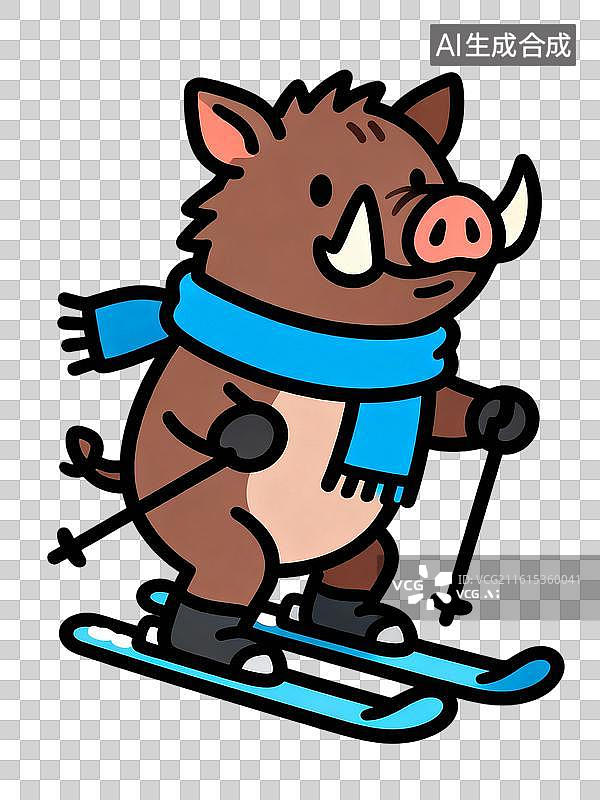 【AI数字艺术】滑雪的野猪 Q版风格动物滑雪系列插画图片素材